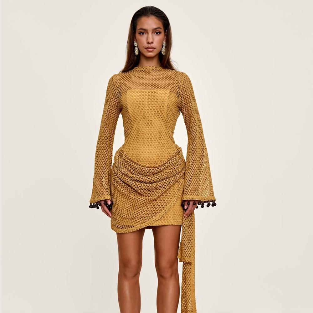 Andrea Iyamah Mustard Gold Long Sleeve Mesh Mini Dress